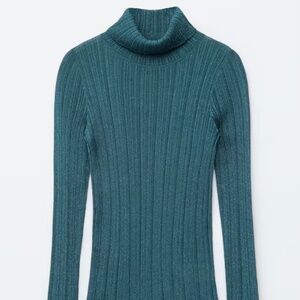 TEAL METALLIC RIB-KNIT LUREX TURTLENECK